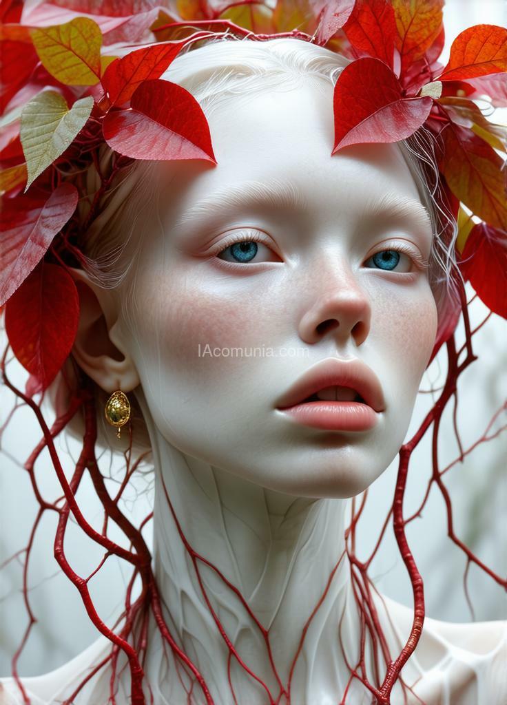 Imagen generada por IA en la comunidad IAcomuia: A woman with red vibrants leaves on her head, porcelain pale skin, topological renders, hi-fructose art magazine, artforum, some tendrils are intertwining with her hair, vines, yasuke 5 0 0 px models, wearing jewellery, bilateral symmetry, albino, 32k, indigo, golden delicious style cambia ese prompt por colores rosa