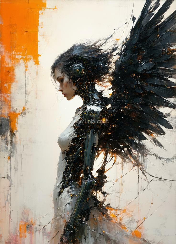 Imagen generada por IA en la comunidad IAcomuia: By bastien lecouffe-deharme , by carne griffiths and wadim kashin, scifi artwork by roblunda mccallum, in the style of blink-and-you-miss-it detail, full body, white and light orange , sci-fi realism, pulp comics, exaggerated anatomy, airbrush art,, a stunningly realistic (((3d alcohol ink double exposure illustration))), where the main image is a ( full length facing of a beautiful european futuristic cyborg woman, black hair, green eyes, showing black parts with human body skin and electronics and lights ) with intricate details and a (long exposure backdrop) that meld together in a (softly blended double exposure effect). the interplay of colors and (iridescent,patterns) creates a surreal optical illusion, with a (black angel black female figure with black hair and black wings ) whose dress and (extremely long, flowing hair) blends seamlessly with the (ethereal surroundings). the overall atmosphere exudes an air of (fantasy and enchantment) that makes the piece a (masterful artistry)