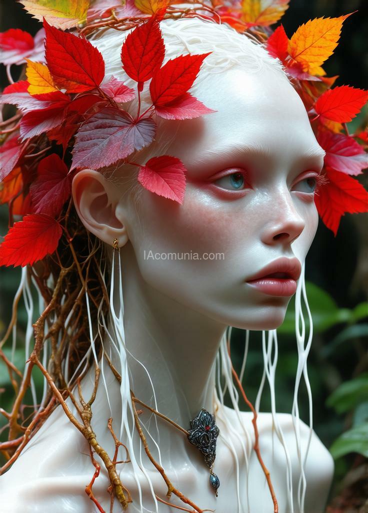 Imagen generada por IA en la comunidad IAcomuia: A woman with red vibrants leaves on her head, porcelain pale skin, topological renders, hi-fructose art magazine, artforum, some tendrils are intertwining with her hair, vines, yasuke 5 0 0 px models, wearing jewellery, bilateral symmetry, albino, 32k, indigo, golden delicious style cambia ese prompt por colores rosa