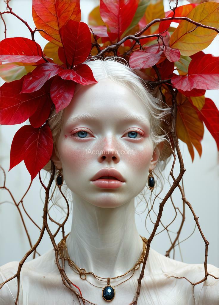 Imagen generada por IA en la comunidad IAcomuia: A woman with red vibrants leaves on her head, porcelain pale skin, topological renders, hi-fructose art magazine, artforum, some tendrils are intertwining with her hair, vines, yasuke 5 0 0 px models, wearing jewellery, bilateral symmetry, albino, 32k, indigo, golden delicious style cambia ese prompt por colores rosa