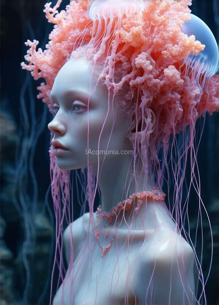 Imagen generada por IA en la comunidad IAcomuia: A woman with pink and indigo fluoreceses jellyfish tendrils and corals on her head, porcelain pale skin, topological renders, hi-fructose art magazine, artforum, some tendrils are touching her, twigs, yasuke 500px models, wearing jewelry, bilateral symmetry, albino, 32k