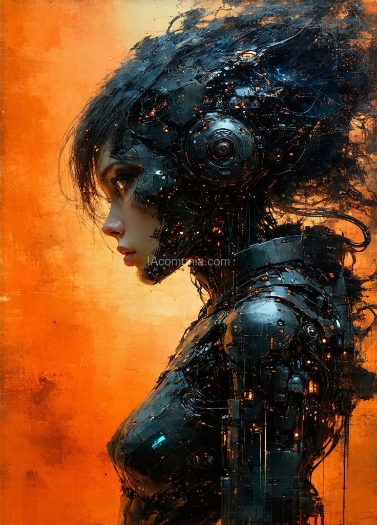 Imagen generada por IA en la comunidad IAcomuia: By bastien lecouffe-deharme , by carne griffiths and wadim kashin, scifi artwork by roblunda mccallum, in the style of blink-and-you-miss-it detail, full body, white and light orange , sci-fi realism, pulp comics, exaggerated anatomy, airbrush art,, a stunningly realistic (((3d alcohol ink double exposure illustration))), where the main image is a ( full length facing of a beautiful european futuristic cyborg woman, black hair, green eyes, showing black parts with human body skin and electronics and lights ) with intricate details and a (long exposure backdrop) that meld together in a (softly blended double exposure effect). the interplay of colors and (iridescent,patterns) creates a surreal optical illusion, with a (black angel black female figure with black hair and black wings ) whose dress and (extremely long, flowing hair) blends seamlessly with the (ethereal surroundings). the overall atmosphere exudes an air of (fantasy and enchantment) that makes the piece a (masterful artistry)