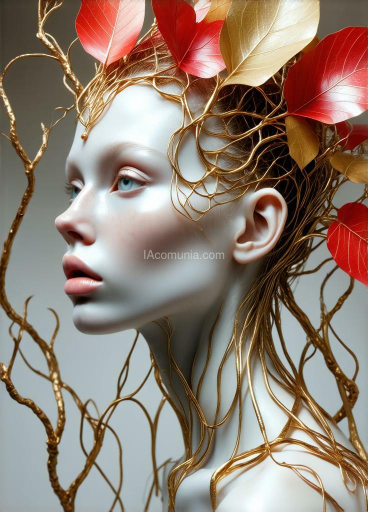 Imagen generada por IA en la comunidad IAcomuia: A woman with gold red vibrants metalics leaves on her head, porcelain pale skin, topological renders, hi-fructose art magazine, artforum, some tendrils are intertwining with her hair, vines, yasuke 5 0 0 px models, wearing jewellery, bilateral symmetry, albino, 32k, indigo, golden delicious style cambia ese prompt por colores rosa