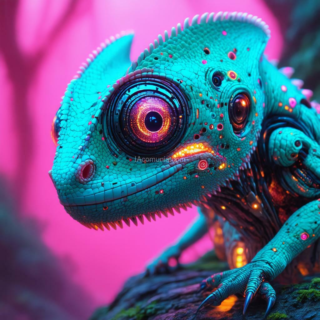 Imagen generada por IA en la comunidad IAcomuia: Ultra-realistic portrait image of a bionic chameleon pink with circules cyan vibrants head in inverted color shades of unearthly origin. this is a high-tech mixture of bionic-organic and genetic morphing with elements of high-tech robotic parts of the chameleon head with built-in robotic-mechanical parts. perform a close-up portrait of the bionic chameleon head, with special attention to the eyes made of the latest bionic-technological material with built-in video surveillance sensors. work out the smallest details and microprocessor bio-assemblies on the surface of the skin and internal parts. a tail with a bright internal glow is visible in the background. the background is defocused. the portrait image of a unique bionic chameleon is made for an advertising magazine about the inverted nature of unearthly origin and is made with maximum detail and photorealism.