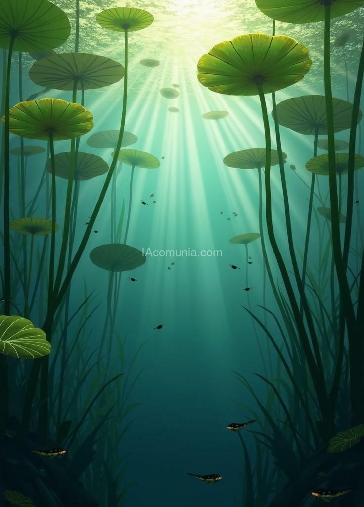 Imagen generada por IA en la comunidad IAcomuia: A photograph taken underwater, looking up at a pond surface. lily pads and other aquatic plants float on the surface, casting dappled sunlight onto the water below. tadpoles swim freely among the plant stems.