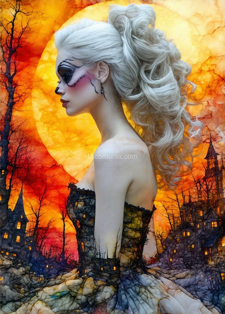 Imagen generada por IA en la comunidad IAcomuia: A stunningly realistic (((alcohol ink double exposure illustration))), where the main image is a ( spicy halloween portrait, beautiful spicy pin up ) with intricate details and a (long exposure backdrop) that meld together in a (softly blended double exposure effect). the interplay of colors and (iridescent,patterns) creates a surreal optical illusion, with a (fantastical white haired female figure) whose dress and (extremely long, flowing hair) blends seamlessly with the (ethereal surroundings). the overall atmosphere exudes an air of (fantasy and enchantment) that makes the piece a (masterful artistry) awe inspiring , surreal structured mix media art,, art by luzia caldari, carne griffiths and vanessa barragao. coherent background, close-up, stitching in bright colors, 3d-effect artwork, 3d vector painting, sharp focus, beautiful, highly detailed, concept art, stunning, molecular, textures, breathtaking beauty, pure perfection, divine presence, unforgettable, impressive, breathtaking beauty, volumetric light, rays, vivid colors reflects, centered, symmetry, painted, intricate, volumetric lighting, beautiful, rich deep colors masterpiece, sharp focus, ultra detailed, in the style of dan mumford and marc simonetti, stunning visuals, intricate