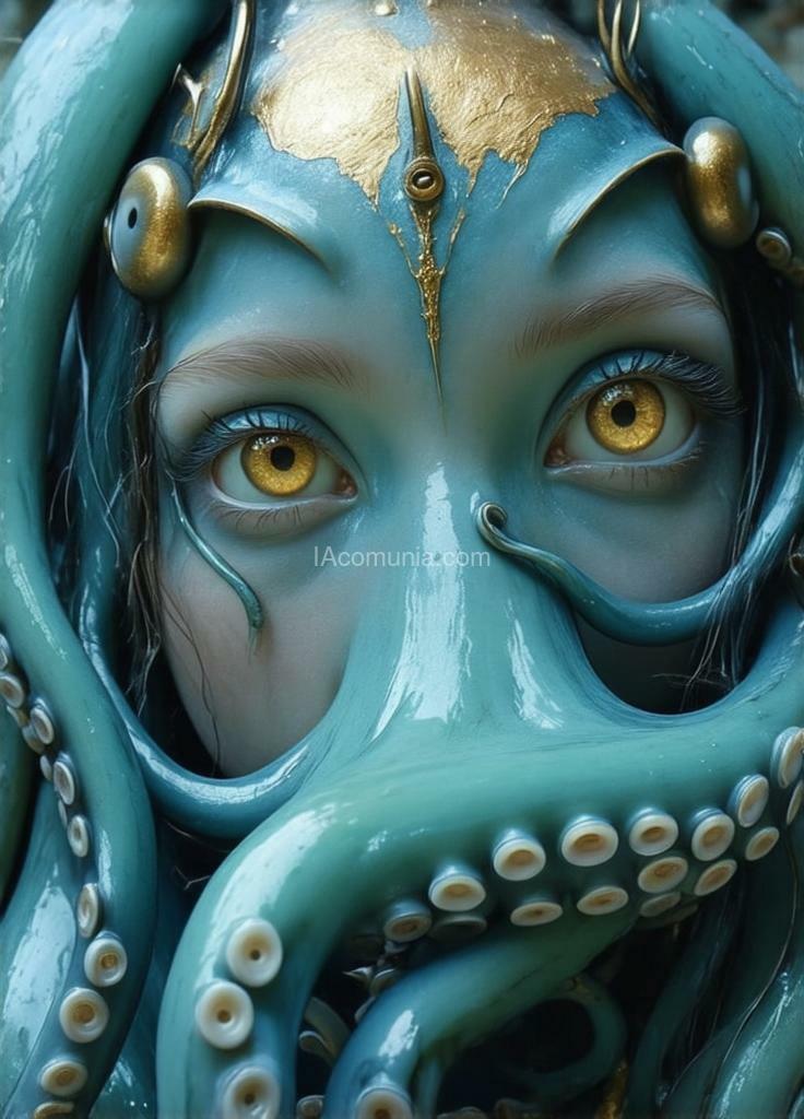 Imagen generada por IA en la comunidad IAcomuia: A woman eyes the octupus remember the eyes are the octupus the no humans only eyes of octupus in the face cyan with golden metalic tentacules optupus on her head, porcelain indigo skin, topological renders, hi - fructose art magazine, artforum, some tentacles are touching her, twigs, yasuke 5 0 0 px models, wearing jewellery, bilateral symmetry, albino, 32k