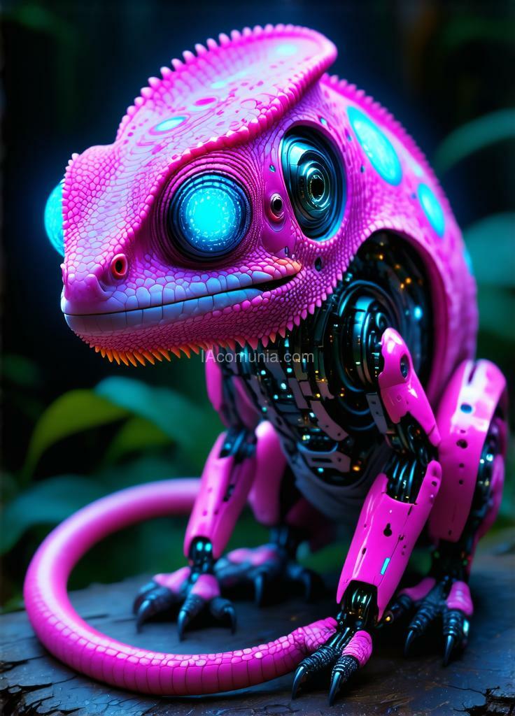 Imagen generada por IA en la comunidad IAcomuia: Ultra-realistic full body image of a bionic chameleon with a pink head adorned with vibrant cyan circles in inverted color shades of unearthly origin. this is a high-tech mixture of bionic-organic and genetic morphing, featuring high-tech robotic parts integrated into the chameleon's head, including built-in robotic-mechanical components. the portrait focuses on the bionic chameleon's head, with special attention to the eyes made of the latest bionic-technological material, equipped with built-in video surveillance sensors. the image captures the smallest details and microprocessor bio-assemblies on the surface of the skin and internal parts. a tail with a bright internal glow is prominently visible in the background, adding to the overall composition. the background is slightly defocused to emphasize the subject. the full body image of the unique bionic chameleon is made for an advertising magazine about the inverted nature of unearthly origin, showcasing maximum detail and photorealism