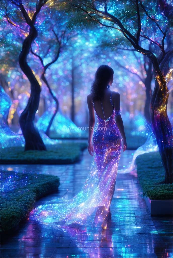 Imagen generada por IA en la comunidad IAcomuia: In a futuristic cityscape, the woman walked through a park filled with holographic plants and trees, their leaves and branches changing colors in a mesmerizing pattern. her dress seemed to interact with the holograms, creating a dazzling display of light and color.