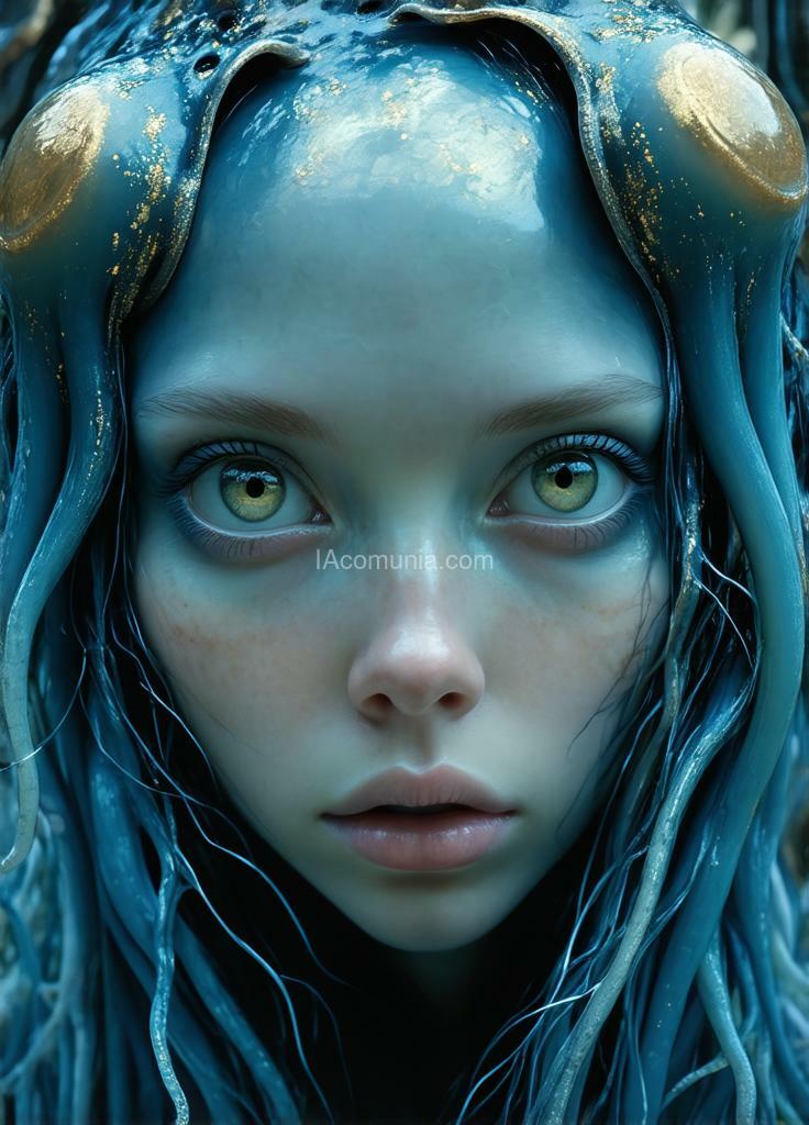 Imagen generada por IA en la comunidad IAcomuia: A woman eyes the octupus remember the eyes are the octupus the no humans only eyes of octupus in the face cyan with golden metalic tentacules optupus on her head, porcelain indigo skin, topological renders, hi - fructose art magazine, artforum, some tentacles are touching her, twigs, yasuke 5 0 0 px models, wearing jewellery, bilateral symmetry, albino, 32k