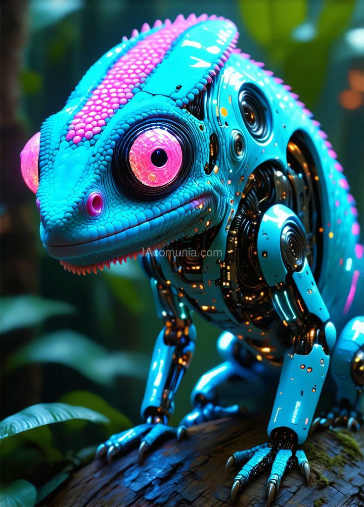 Imagen generada por IA en la comunidad IAcomuia: Ultra-realistic full body image of a bionic chameleon with a pink head adorned with vibrant cyan circles in inverted color shades of unearthly origin. this is a high-tech mixture of bionic-organic and genetic morphing, featuring high-tech robotic parts integrated into the chameleon's head, including built-in robotic-mechanical components. the portrait focuses on the bionic chameleon's head, with special attention to the eyes made of the latest bionic-technological material, equipped with built-in video surveillance sensors. the image captures the smallest details and microprocessor bio-assemblies on the surface of the skin and internal parts. a tail with a bright internal glow is prominently visible in the background, adding to the overall composition. the background is slightly defocused to emphasize the subject. the full body image of the unique bionic chameleon is made for an advertising magazine about the inverted nature of unearthly origin, showcasing maximum detail and photorealism