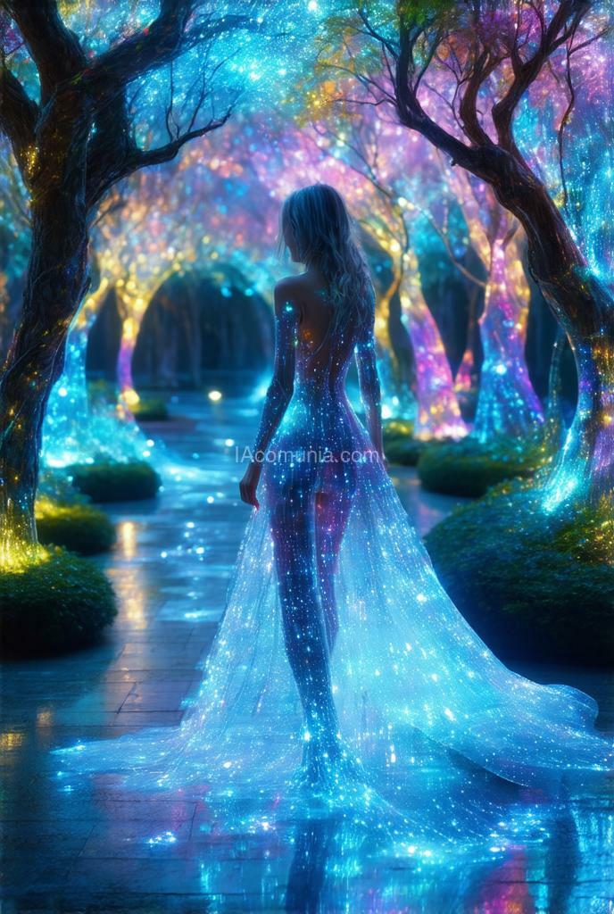 Imagen generada por IA en la comunidad IAcomuia: In a futuristic cityscape, the woman walked through a park filled with holographic plants and trees, their leaves and branches changing colors in a mesmerizing pattern. her dress seemed to interact with the holograms, creating a dazzling display of light and color.