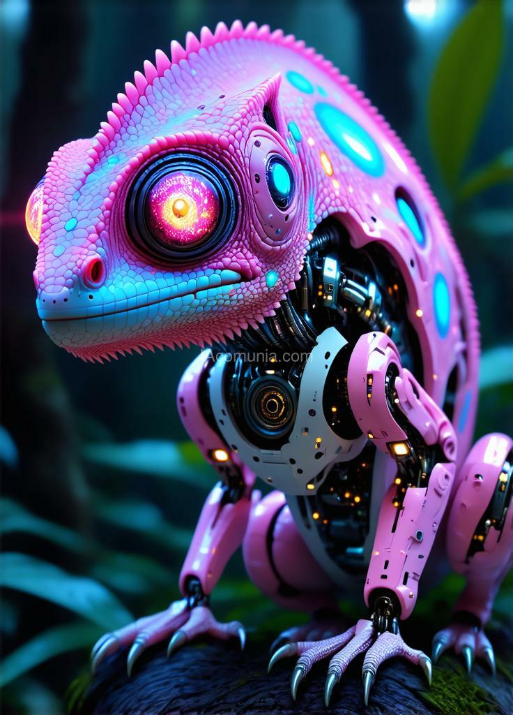 Imagen generada por IA en la comunidad IAcomuia: Ultra-realistic full body image of a bionic chameleon with a pink head adorned with vibrant cyan circles in inverted color shades of unearthly origin. this is a high-tech mixture of bionic-organic and genetic morphing, featuring high-tech robotic parts integrated into the chameleon's head, including built-in robotic-mechanical components. the portrait focuses on the bionic chameleon's head, with special attention to the eyes made of the latest bionic-technological material, equipped with built-in video surveillance sensors. the image captures the smallest details and microprocessor bio-assemblies on the surface of the skin and internal parts. a tail with a bright internal glow is prominently visible in the background, adding to the overall composition. the background is slightly defocused to emphasize the subject. the full body image of the unique bionic chameleon is made for an advertising magazine about the inverted nature of unearthly origin, showcasing maximum detail and photorealism