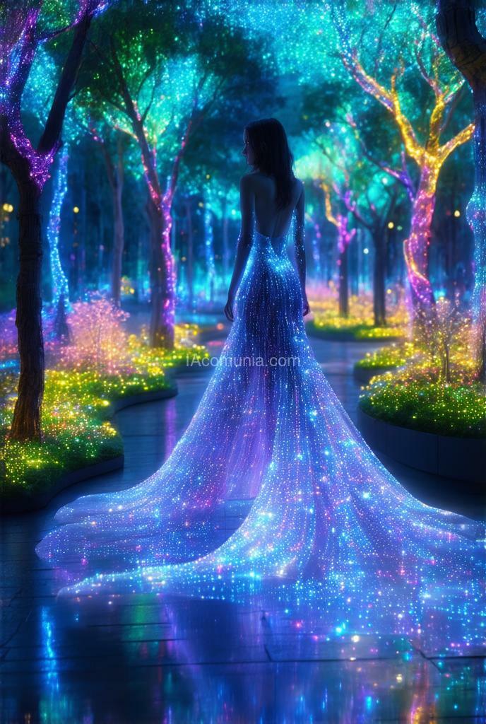 Imagen generada por IA en la comunidad IAcomuia: In a futuristic cityscape, the woman walked through a park filled with holographic plants and trees, their leaves and branches changing colors in a mesmerizing pattern. her dress seemed to interact with the holograms, creating a dazzling display of light and color.