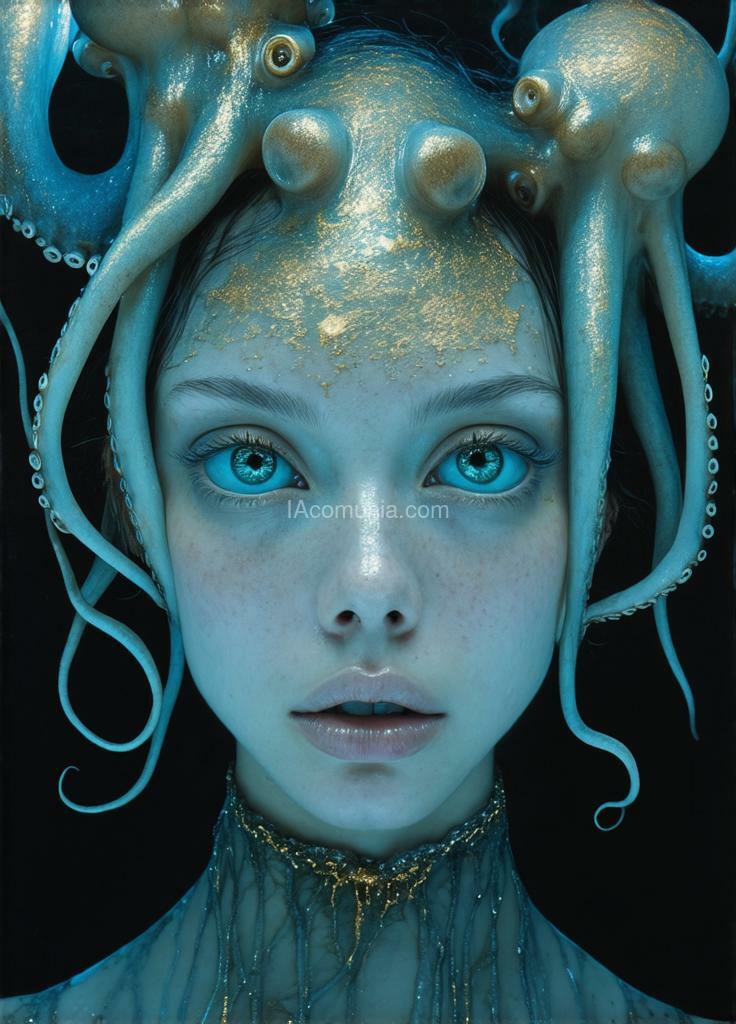 Imagen generada por IA en la comunidad IAcomuia: A woman eyes the octupus remember the eyes are the octupus the no humans only eyes of octupus in the face cyan with golden metalic tentacules optupus on her head, porcelain indigo skin, topological renders, hi - fructose art magazine, artforum, some tentacles are touching her, twigs, yasuke 5 0 0 px models, wearing jewellery, bilateral symmetry, albino, 32k