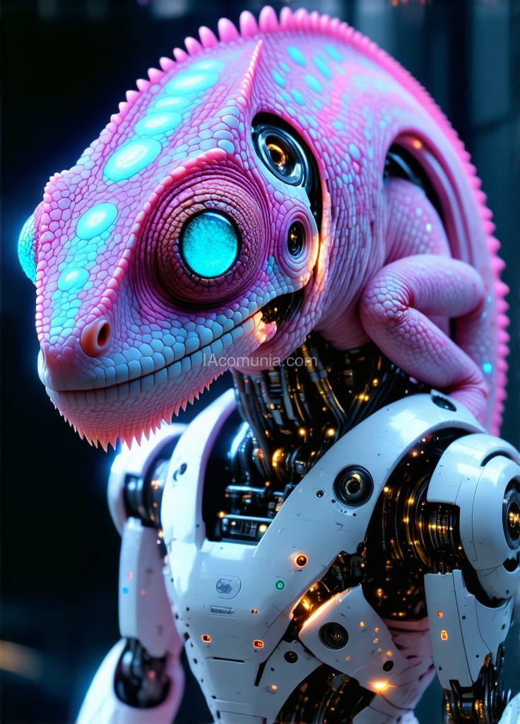 Imagen generada por IA en la comunidad IAcomuia: Ultra-realistic full body image of a bionic chameleon with a pink head adorned with vibrant cyan circles in inverted color shades of unearthly origin. this is a high-tech mixture of bionic-organic and genetic morphing, featuring high-tech robotic parts integrated into the chameleon's head, including built-in robotic-mechanical components. the portrait focuses on the bionic chameleon's head, with special attention to the eyes made of the latest bionic-technological material, equipped with built-in video surveillance sensors. the image captures the smallest details and microprocessor bio-assemblies on the surface of the skin and internal parts. a tail with a bright internal glow is prominently visible in the background, adding to the overall composition. the background is slightly defocused to emphasize the subject. the full body image of the unique bionic chameleon is made for an advertising magazine about the inverted nature of unearthly origin, showcasing maximum detail and photorealism