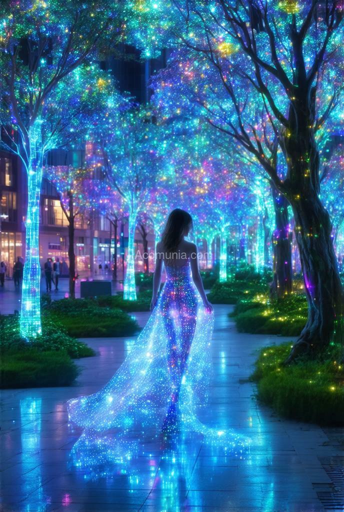 Imagen generada por IA en la comunidad IAcomuia: In a futuristic cityscape, the woman walked through a park filled with holographic plants and trees, their leaves and branches changing colors in a mesmerizing pattern. her dress seemed to interact with the holograms, creating a dazzling display of light and color.