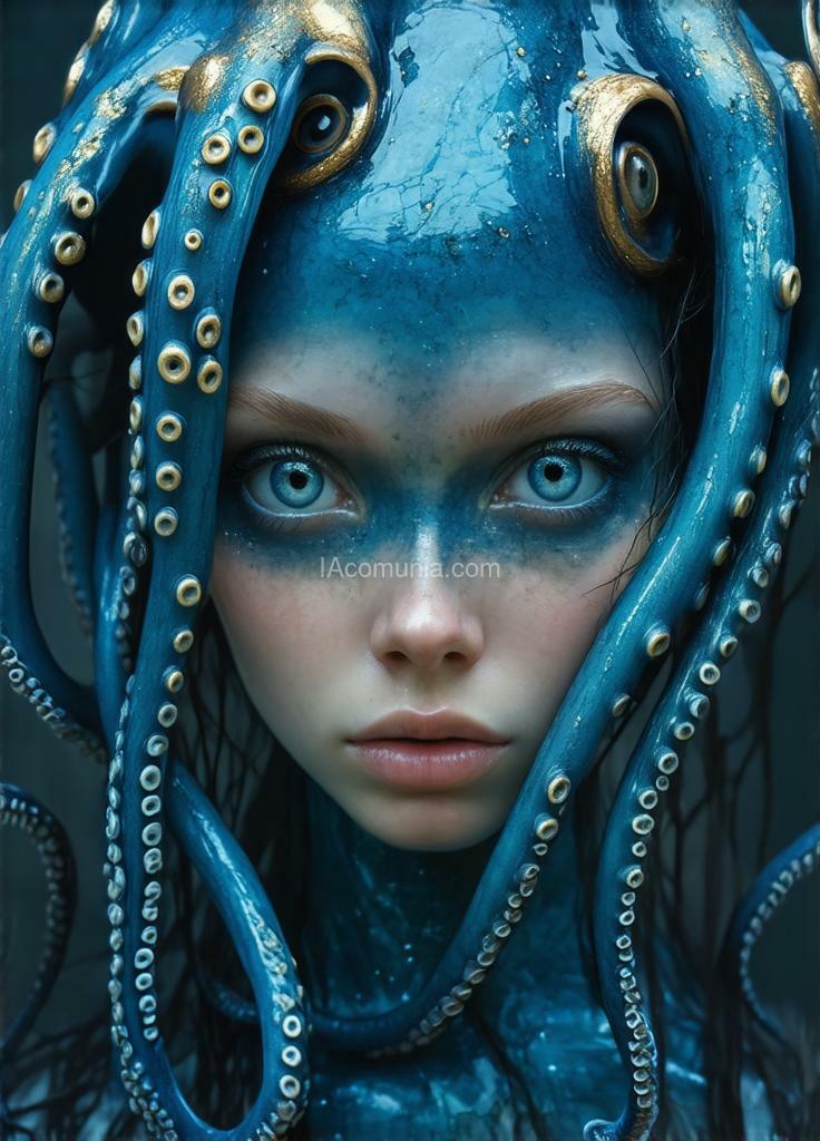 Imagen generada por IA en la comunidad IAcomuia: A woman eyes the octupus remember the eyes are the octupus the no humans only eyes of octupus in the face cyan with golden metalic tentacules optupus on her head, porcelain indigo skin, topological renders, hi - fructose art magazine, artforum, some tentacles are touching her, twigs, yasuke 5 0 0 px models, wearing jewellery, bilateral symmetry, albino, 32k