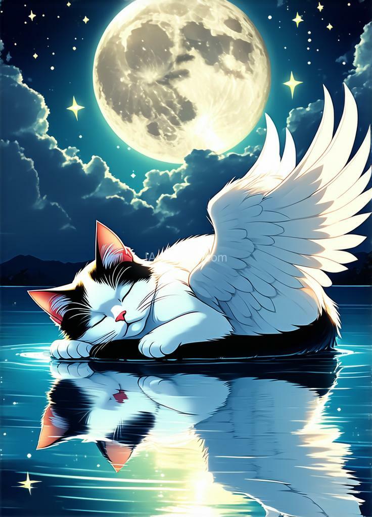 Imagen generada por IA en la comunidad IAcomuia: A white and black cat with large, feathered wings, floating on a calm body of water. the moon is in the background, partially obscured by clouds. the cat is sleeping peacefully, surrounded by stars. anime style with vibrant colors and a touch of japanese ukiyo-e. soft lighting, peaceful atmosphere