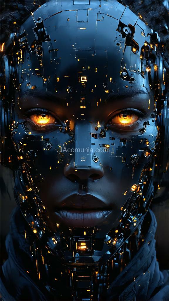 Imagen generada por IA en la comunidad IAcomuia: (by larry carlson:100) super face closeup portrait,(cyberpunk face augmentation:1.45), (black color circuit board glowing tattoos:1.5 on face), epic skin detailes, sci-fi darkness , a quiet fighter, feudal ninja,, robotic shinobi suit, (style jeremy geddes:1.35) , satin texture, (glitchy:1.5) (foggy:1.35), (harsh lighting:1.4). created by sasan.