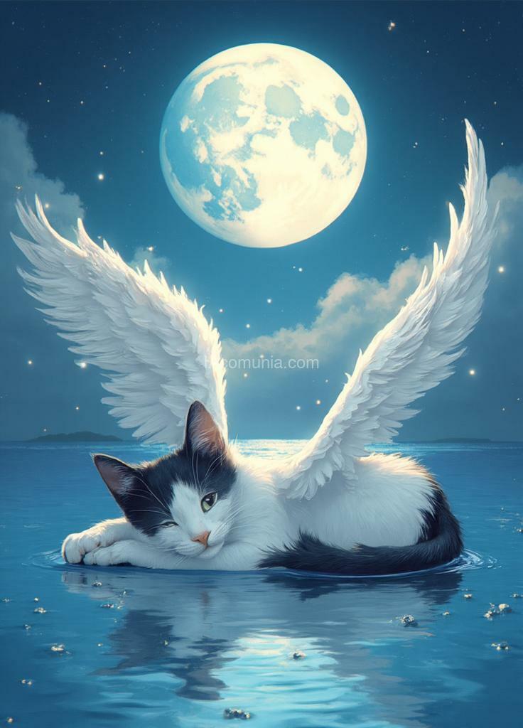 Imagen generada por IA en la comunidad IAcomuia: A white and black cat with large, feathered wings, floating on a calm body of water. the moon is in the background, partially obscured by clouds. the cat is sleeping peacefully, surrounded by stars. anime style with vibrant colors and a touch of japanese ukiyo-e. soft lighting, peaceful atmosphere