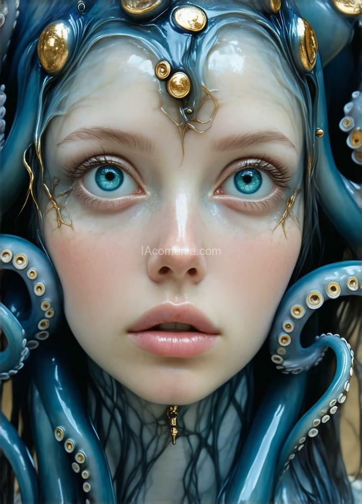 Imagen generada por IA en la comunidad IAcomuia: A woman eyes the octupus remember the eyes are the octupus the no humans only eyes of octupus in the face cyan with golden metalic tentacules optupus on her head, porcelain indigo skin, topological renders, hi - fructose art magazine, artforum, some tentacles are touching her, twigs, yasuke 5 0 0 px models, wearing jewellery, bilateral symmetry, albino, 32k