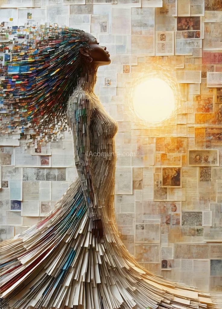 Imagen generada por IA en la comunidad IAcomuia: Super detailed high-quality 8k an elaborate abstract collage made entirely of thinly torn and twisted photos, fabric, paper and books. while appearing completely random, the collage reveals a beautiful woman standing in an abstract space. the woman is multi ethnic and is looking up at a small orb of light hovering above her. the woman's face and body is constructed of entirely of thousands of torn strips of paper and twists all around the composition. she has long, flowing hair that flows all around the composition. the skin is comprised of thousands of strips of paper creating complex patterns across the form. bend and twist the paper to create a 3d sculpture of woman. volumetric light fills the space behind the woman. use dynamic color to emphasize the woman. the torn pieces of paper have many layers and colors the together build a highly detailed new image with the collective collage. the background environment is an abstract, minimal space that complements the woman. show fine details with very thin strips of photos. use text and paper to build the environment. create depth with the background layers. cinematic, depth of field, beautiful, epic, dynamic, abstract and energy. created with love by sasan.