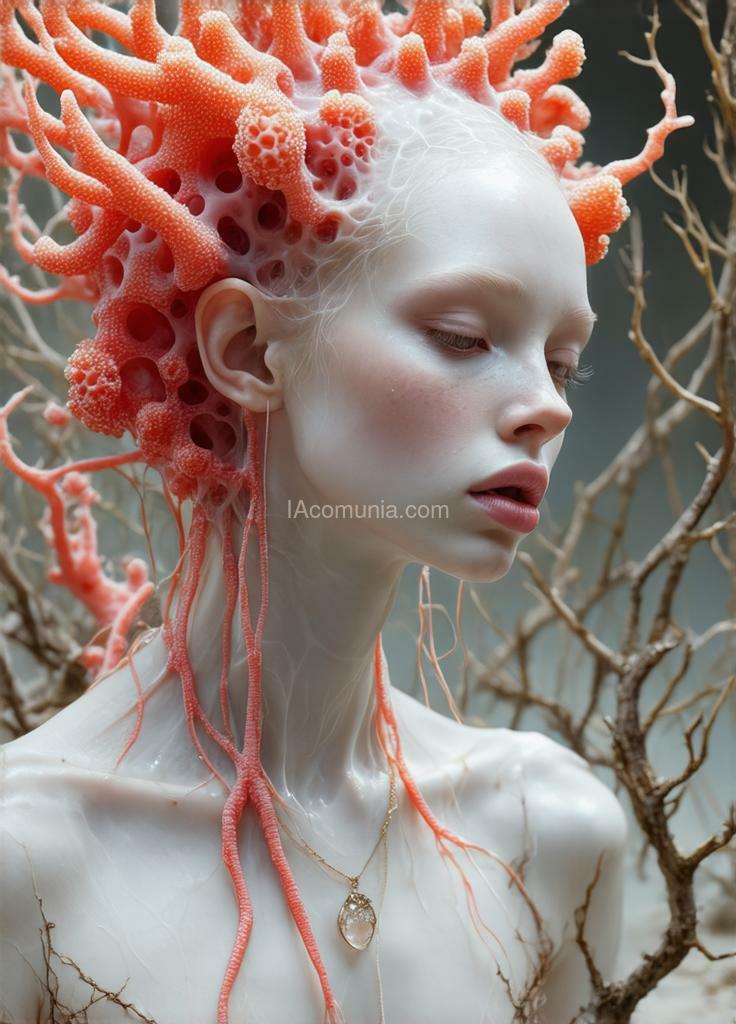 Imagen generada por IA en la comunidad IAcomuia: Woman with red corals on her head, porcelain pale skin, topological renders, hi-fructose art magazine, artforum, some tentacles are touching her, twigs, yasuke 5 0 0 px models, wearing jewellery, bilateral symmetry, albino, 32k, magenta.