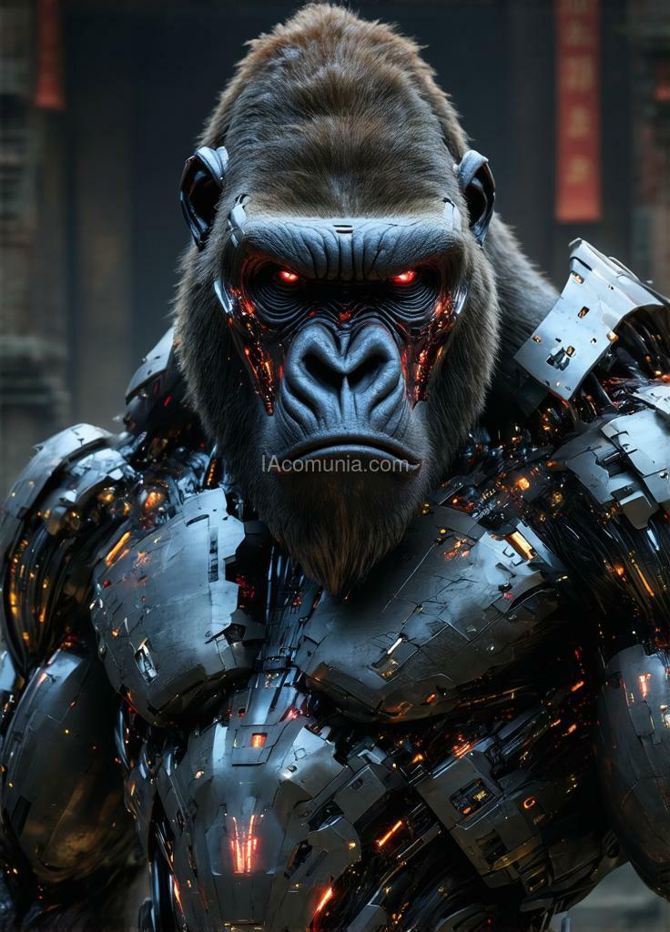 Imagen generada por IA en la comunidad IAcomuia: In this hyper-detailed photogrammetry-style portrait, a cybernetic gorilla, king kong, stares directly ahead, exuding a commanding presence through a fusion of primal strength and intricate cybernetic enhancements. his muscular frame is rendered in striking realism, each sinew and scar meticulously captured, while segments of metallic plating enhance his natural armor, giving him an indomitable aura. his chest is adorned with sleek, silver-white plating, reflecting a futuristic yet regal appearance. covering his face is a japanese-inspired cybernetic mask, its design echoing the fierce expression of a traditional oni with sharp, angular lines and high-tech modifications. the mask is crafted from alloyed metal with crimson neon accents illuminating the intricate engravings, creating a contrast between ancient symbolism and modern functionality. sensors and data interfaces are subtly embedded in the mask, allowing for tactical overlays and visual enhancements, and faint wisps of vapor occasionally release from the edges, enhancing the air of mystique. the background—a dimly lit, virtual dojo or battlefield scene—adds a haunting depth, placing the gorilla in a world where tradition and technology collide. this portrait captures the essence of an unstoppable warrior, a fusion of nature’s raw power and the sleek precision of cybernetics, his masked gaze exuding both wisdom and an intimidating strength. created by sasan.