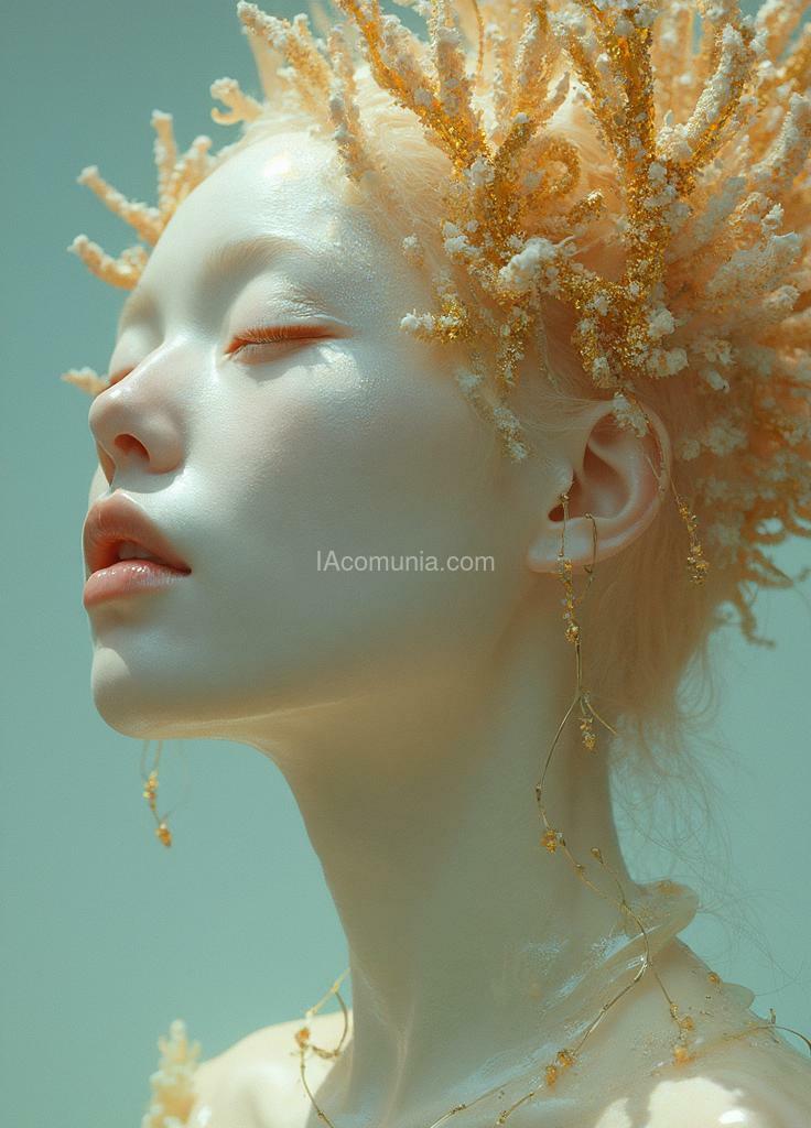 Imagen generada por IA en la comunidad IAcomuia: A woman with golden corals on her head, porcelain pale skin, topological renders, hi-fructose art magazine, artforum, some tentacles are touching her, twigs, yasuke 500 px models, wearing jewelry, bilateral symmetry, albino, 32k, covered in a viscous, translucent substance with metallic highlights, as if it were molten, organic texture, ambient lighting.