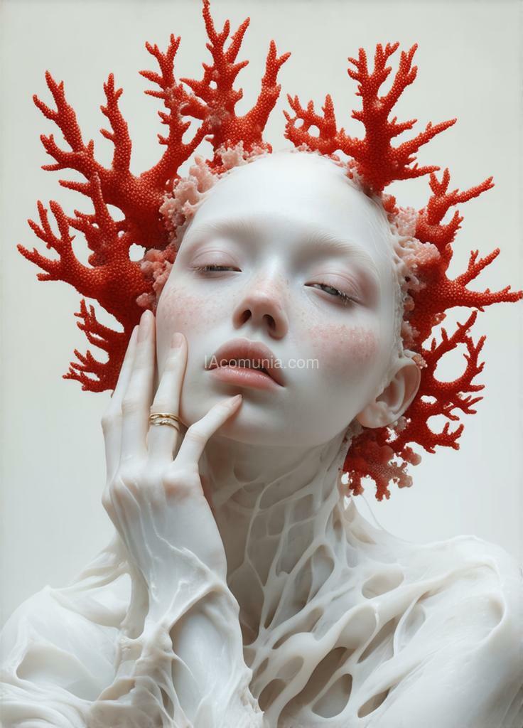 Imagen generada por IA en la comunidad IAcomuia: Woman with red corals on her head, porcelain pale skin, topological renders, hi-fructose art magazine, artforum, some tentacles are touching her, twigs, yasuke 5 0 0 px models, wearing jewellery, bilateral symmetry, albino, 32k, black.