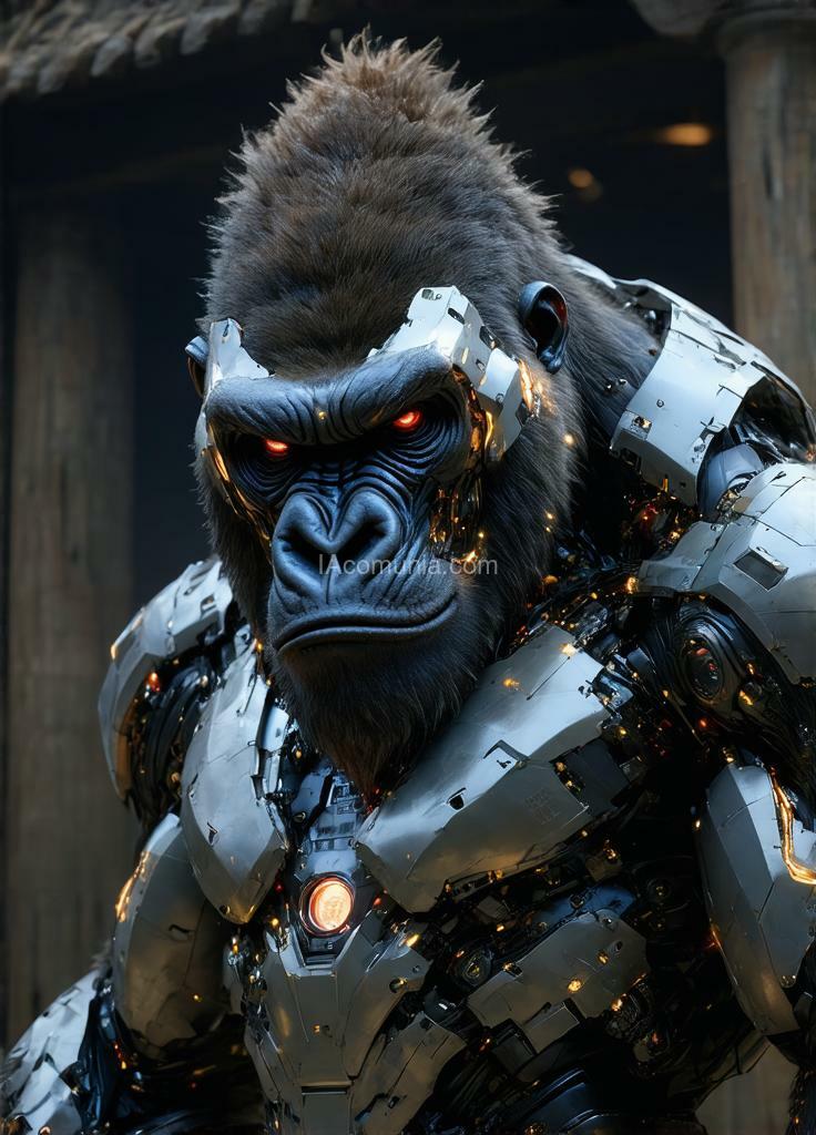 Imagen generada por IA en la comunidad IAcomuia: In this hyper-detailed photogrammetry-style portrait, a cybernetic gorilla, king kong, stares directly ahead, exuding a commanding presence through a fusion of primal strength and intricate cybernetic enhancements. his muscular frame is rendered in striking realism, each sinew and scar meticulously captured, while segments of metallic plating enhance his natural armor, giving him an indomitable aura. his chest is adorned with sleek, silver-white plating, reflecting a futuristic yet regal appearance. king kong's pelage is a pristine platinum white, shimmering under the dim light, and his piercing blue eyes glow with an otherworldly intensity. covering his face is a japanese-inspired cybernetic mask, its design echoing the fierce expression of a traditional oni with sharp, angular lines and high-tech modifications. the mask is crafted from alloyed metal with crimson neon accents illuminating the intricate engravings, creating a contrast between ancient symbolism and modern functionality. sensors and data interfaces are subtly embedded in the mask, allowing for tactical overlays and visual enhancements, and faint wisps of vapor occasionally release from the edges, enhancing the air of mystique. the background—a dimly lit, virtual dojo or battlefield scene—adds a haunting depth, placing the gorilla in a world where tradition and technology collide. this portrait captures the essence of an unstoppable warrior, a fusion of nature’s raw power and the sleek precision of cybernetics, his masked gaze exuding both wisdom and an intimidating strength. created by sasan