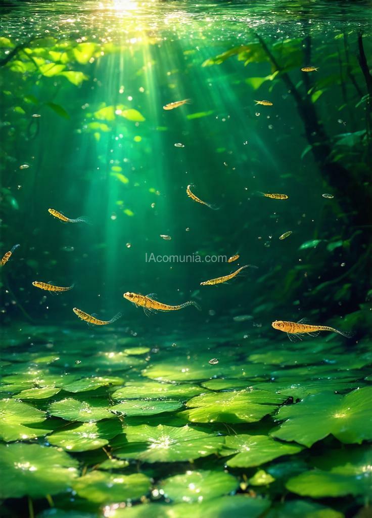 Imagen generada por IA en la comunidad IAcomuia: A serene underwater scene: sunbeams pierce through the crystal-clear water, illuminating a pond teeming with life. tadpoles of various sizes navigate a dense forest of aquatic plants, their tiny bodies shimmering in the light. lily pads form a natural ceiling, creating a magical underwater world