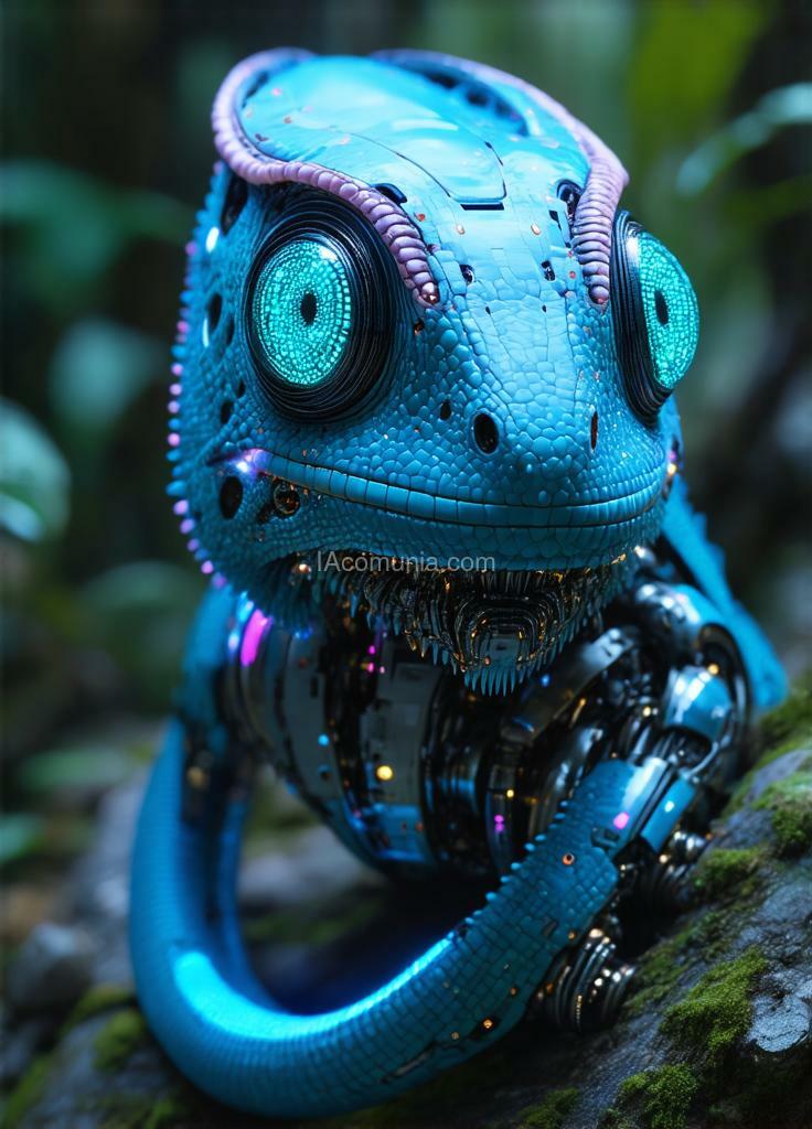 Imagen generada por IA en la comunidad IAcomuia: Ultra-realistic portrait image of a bionic chameleon pink skin with circules cyan vibrants head in inverted color shades of unearthly origin. this is a high-tech mixture of bionic-organic and genetic morphing with elements of high-tech robotic parts of the chameleon head with built-in robotic-mechanical parts. perform a close-up portrait of the bionic chameleon head, with special attention to the eyes made of the latest bionic-technological material with built-in video surveillance sensors. work out the smallest details and microprocessor bio-assemblies on the surface of the skin and internal parts. a tail with a bright internal glow is visible in the background. the background is defocused. the portrait image of a unique bionic chameleon is made for an advertising magazine about the inverted nature of unearthly origin and is made with maximum detail and photorealism.