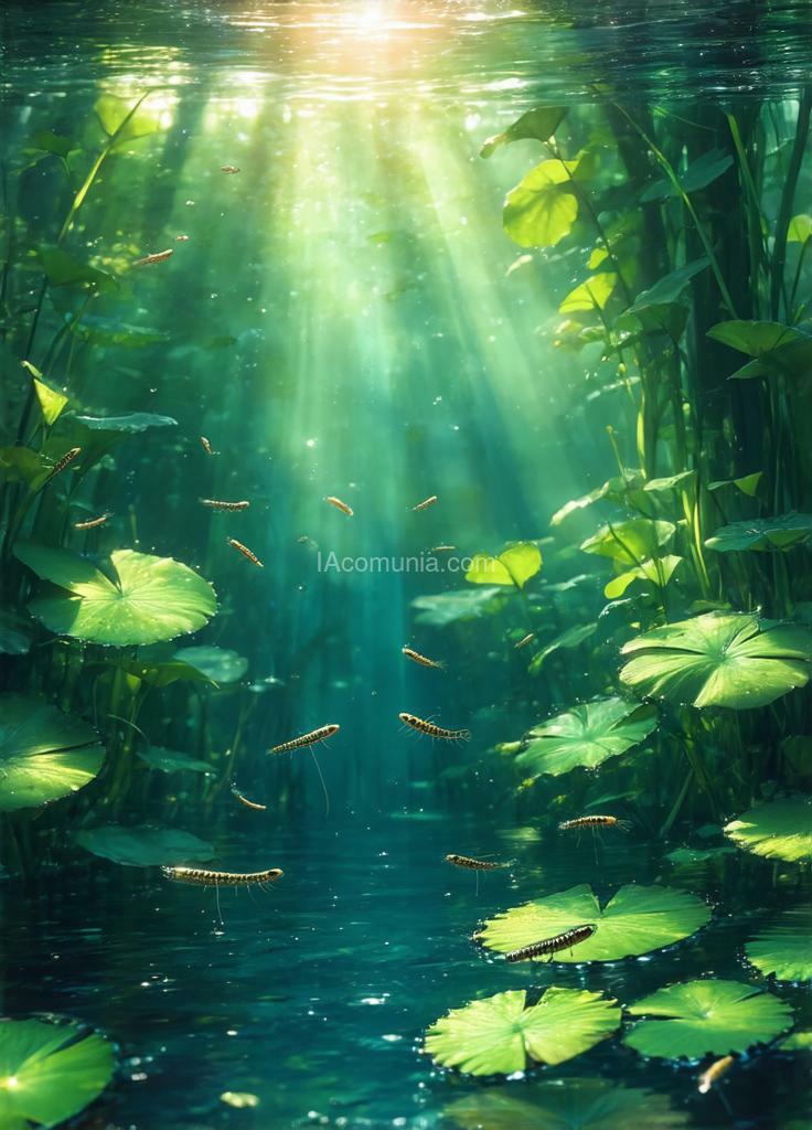 Imagen generada por IA en la comunidad IAcomuia: A serene underwater scene: sunbeams pierce through the crystal-clear water, illuminating a pond teeming with life. tadpoles of various sizes navigate a dense forest of aquatic plants, their tiny bodies shimmering in the light. lily pads form a natural ceiling, creating a magical underwater world