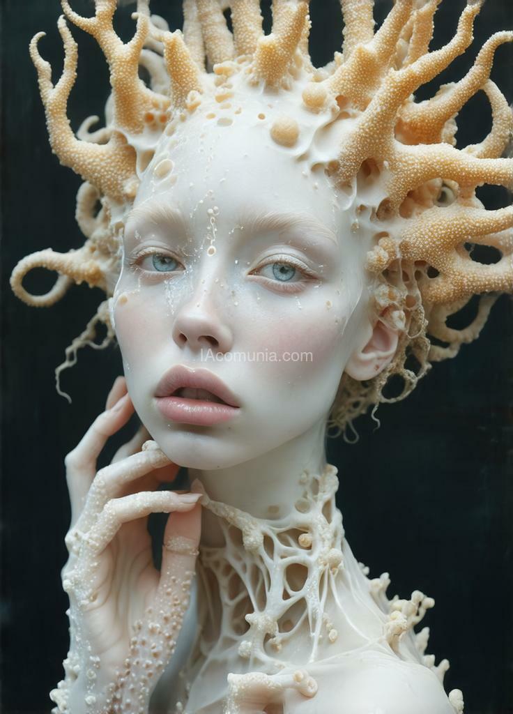 Imagen generada por IA en la comunidad IAcomuia: A woman with goldens corals on her head, porcelain pale skin, topological renders, hi - fructose art magazine, artforum, some tentacles are touching her, twigs, yasuke 5 0 0 px models, wearing jewellery, bilateral symmetry, albino, 32k