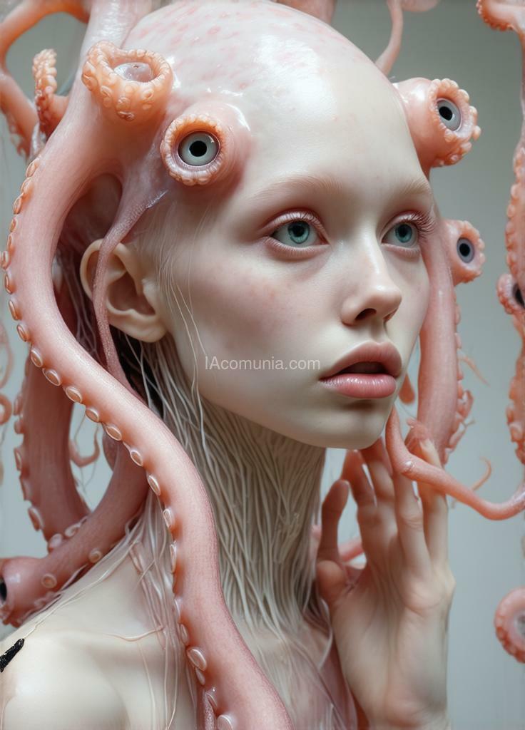 Imagen generada por IA en la comunidad IAcomuia: A woman with pink octopus tentacles on her head, porcelain pale skin, topological renders, hi-fructose art magazine, artforum, some tentacles are touching her, twigs, yasuke 500px models, wearing jewelry, bilateral symmetry, albino, 32k. the tentacles are gently swaying and moving fluidly, as if alive, with some tentacles reaching out and lightly caressing her face and shoulders. the woman has a serene yet enigmatic expression, her eyes gazing into the distance with a mix of curiosity and calm. the tentacles have eyes on them, and many winged eyes, each the size of a hummingbird, are flying gracefully around her, adding a surreal and dynamic element to the scene.