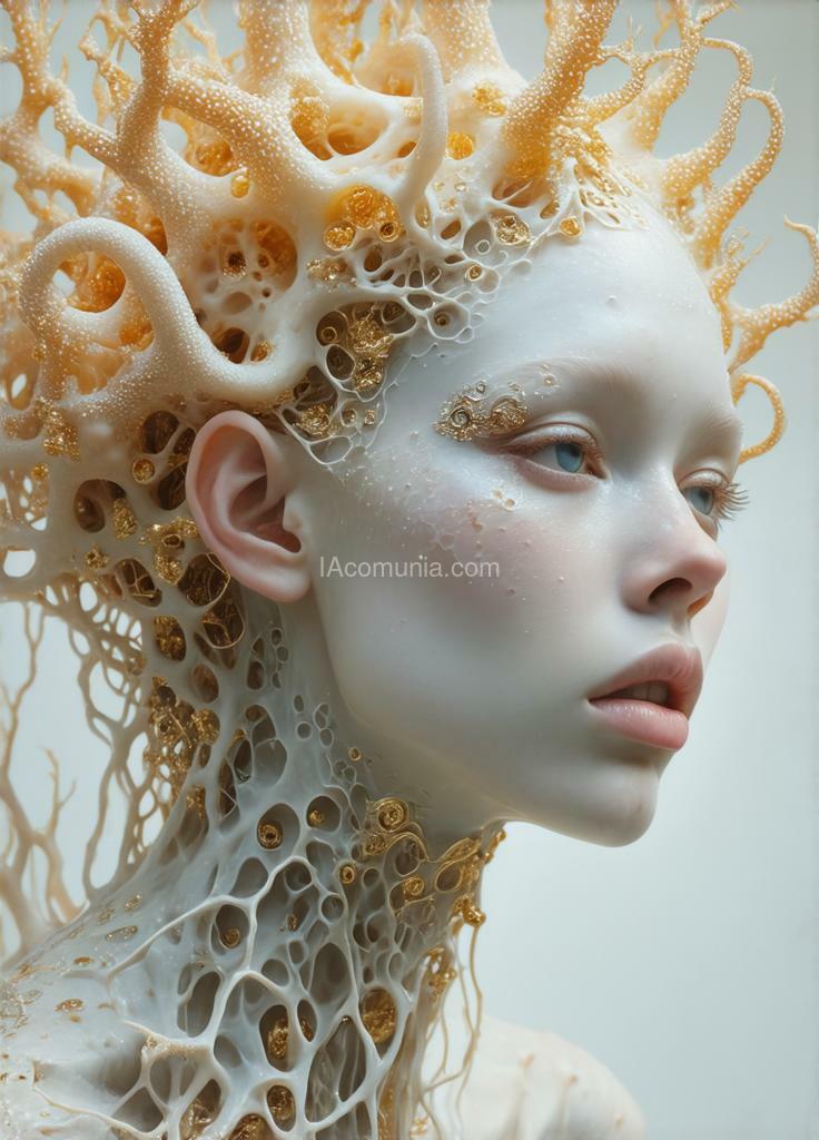 Imagen generada por IA en la comunidad IAcomuia: A woman with goldens oro metalics corals on her head, porcelain pale skin, topological renders, hi - fructose art magazine, artforum, some tentacles are touching her, twigs, yasuke 5 0 0 px models, wearing jewellery, bilateral symmetry, albino, 32k