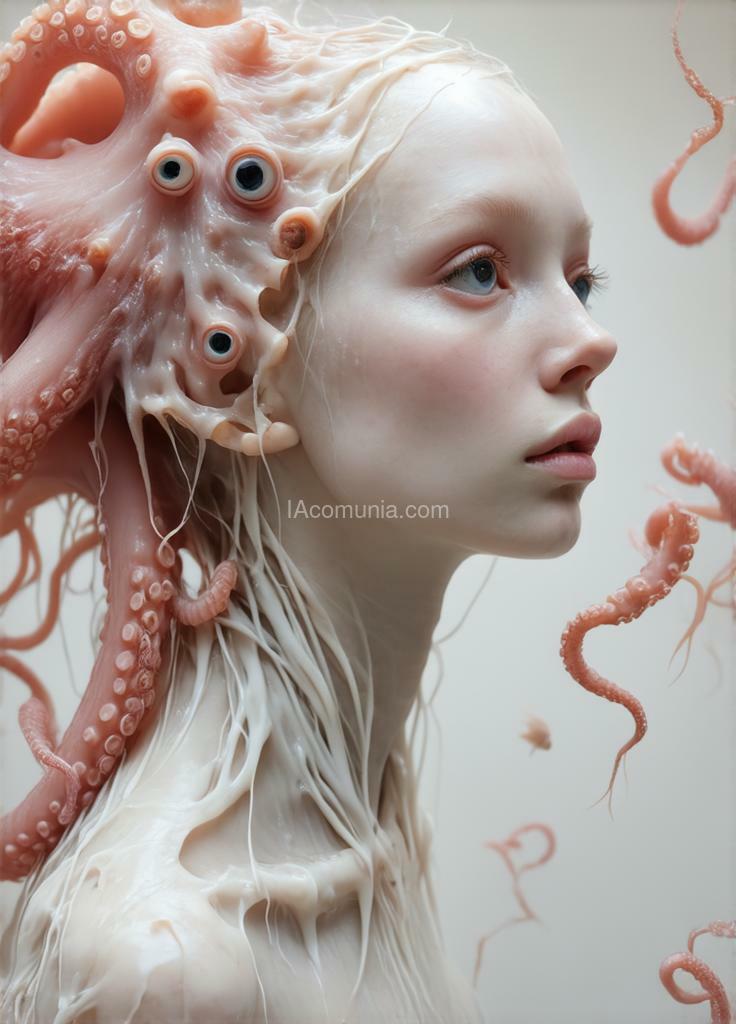 Imagen generada por IA en la comunidad IAcomuia: A woman with pink octopus tentacles on her head, porcelain pale skin, topological renders, hi-fructose art magazine, artforum, some tentacles are touching her, twigs, yasuke 500px models, wearing jewelry, bilateral symmetry, albino, 32k. the tentacles are gently swaying and moving fluidly, as if alive, with some tentacles reaching out and lightly caressing her face and shoulders. the woman has a serene yet enigmatic expression, her eyes gazing into the distance with a mix of curiosity and calm. the tentacles have eyes on them, and many winged eyes, each the size of a hummingbird, are flying gracefully around her, adding a surreal and dynamic element to the scene.