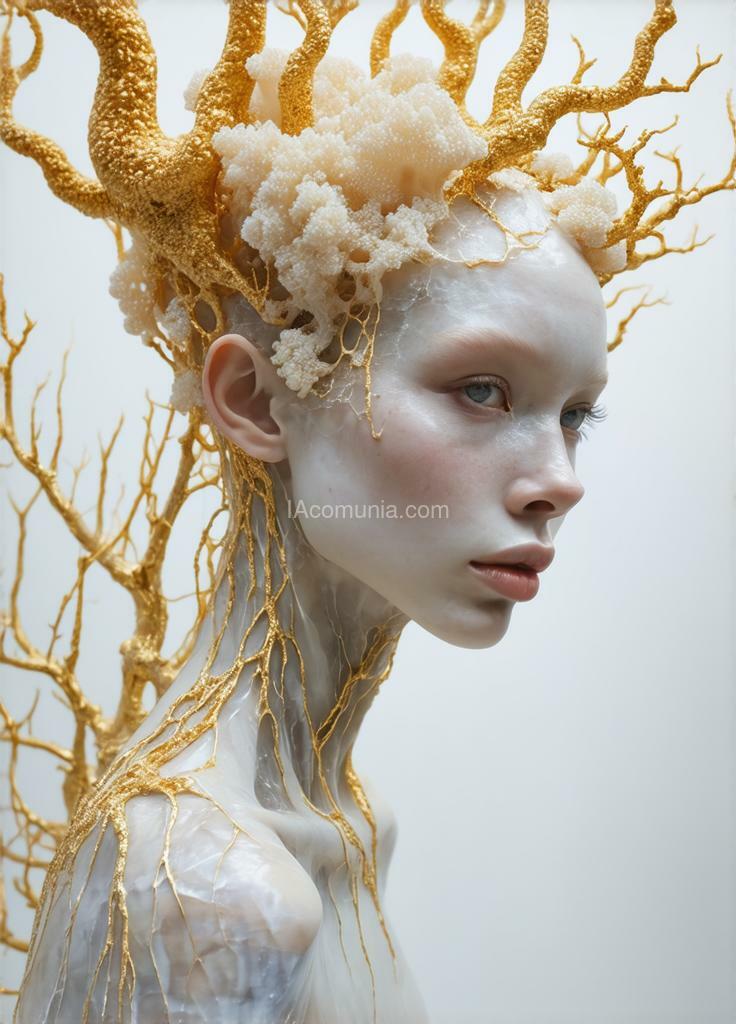 Imagen generada por IA en la comunidad IAcomuia: A woman with golden black oro metalics corals on her head, porcelain pale skin, topological renders, hi - fructose art magazine, artforum, some tentacles are touching her, twigs, yasuke 5 0 0 px models, wearing jewellery, bilateral symmetry, albino, 32k