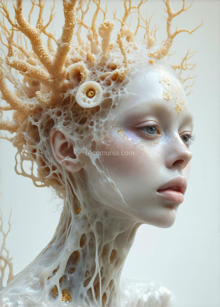 Imagen generada por IA en la comunidad IAcomuia: A woman with golden corals on her head, porcelain pale skin, topological renders, hi-fructose art magazine, artforum, some tentacles are touching her, twigs, yasuke 500 px models, wearing jewelry, bilateral symmetry, albino, 32k, covered in a viscous, translucent substance with metallic highlights, as if it were molten, organic texture, ambient lighting.