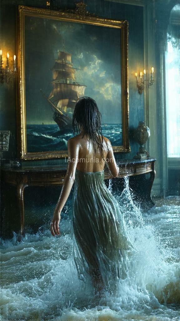 Imagen generada por IA en la comunidad IAcomuia: A surreal scene of a woman in a long, wet dress, dripping water, escaping a flooded living room with knee-high sea water pouring heavily out from an oil painting of a stormy sea with a ship on the wall to her right. a strong, continuous flow of water floods the room, creating waves around her knees. she is running toward the viewer as if she seeks for help . her front body is super wet. the woman walks away from the sea background , her face expression is horrified. it at the viewer, approaching the viewer, her wet hair and dress adding to the effect of her recent emergence from the sea. the room is decorated with vintage, ornate furniture, warm muted lighting, and an elegant, mysterious atmosphere.