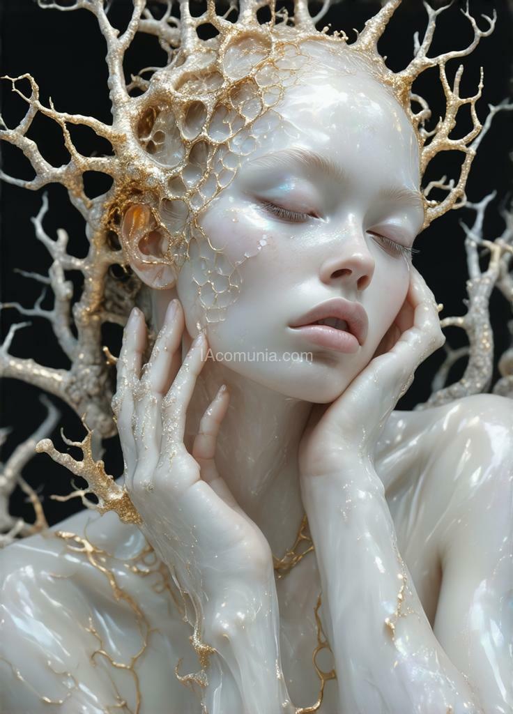 Imagen generada por IA en la comunidad IAcomuia: A woman with black gold metalics corals shiny reflects on her head, porcelain pale skin, topological renders, hi - fructose art magazine, artforum, some tentacles are touching her, twigs, yasuke 5 0 0 px models, wearing jewellery, bilateral symmetry, albino, 32k