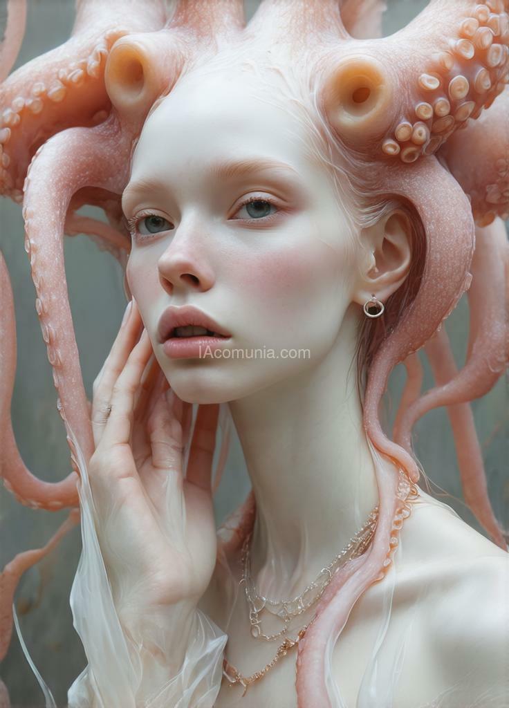 Imagen generada por IA en la comunidad IAcomuia: A woman with pink octopus tentacles on her head, porcelain pale skin, topological renders, hi-fructose art magazine, artforum, some tentacles are touching her, twigs, yasuke 500px models, wearing jewelry, bilateral symmetry, albino, 32k. the tentacles are gently swaying and moving fluidly, as if alive, with some tentacles reaching out and lightly caressing her face and shoulders. the woman has a serene yet enigmatic expression, her eyes gazing into the distance with a mix of curiosity and calm. each the size of a hummingbird, are flying gracefully around her, adding a surreal and dynamic element to the scene.