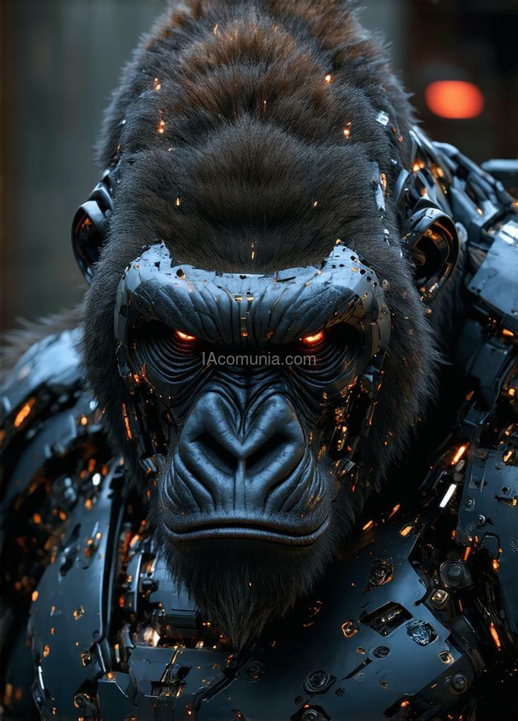 Imagen generada por IA en la comunidad IAcomuia: In this hyper-detailed photogrammetry-style portrait, a cybernetic gorilla stares directly ahead, exuding a commanding presence through a fusion of primal strength and intricate cybernetic enhancements. his muscular frame is rendered in striking realism, each sinew and scar meticulously captured, while segments of metallic plating enhance his natural armor, giving him an indomitable aura. covering his face is a japanese-inspired cybernetic mask, its design echoing the fierce expression of a traditional oni with sharp, angular lines and high-tech modifications. the mask is crafted from alloyed metal with crimson neon accents illuminating the intricate engravings, creating a contrast between ancient symbolism and modern functionality. sensors and data interfaces are subtly embedded in the mask, allowing for tactical overlays and visual enhancements, and faint wisps of vapor occasionally release from the edges, enhancing the air of mystique. the background—a dimly lit, virtual dojo or battlefield scene—adds a haunting depth, placing the gorilla in a world where tradition and technology collide. this portrait captures the essence of an unstoppable warrior, a fusion of nature’s raw power and the sleek precision of cybernetics, his masked gaze exuding both wisdom and an intimidating strength. created by sasan