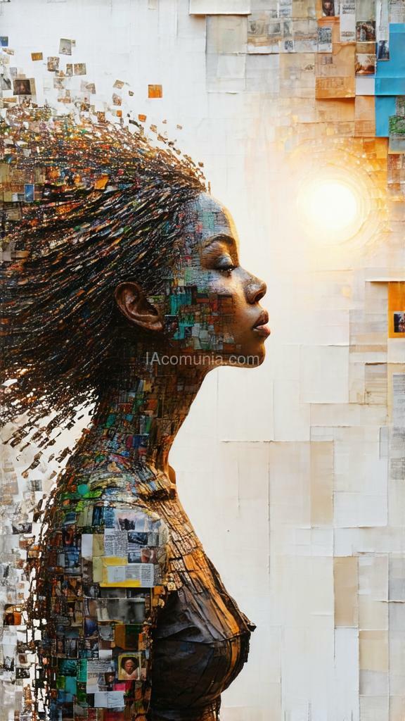 Imagen generada por IA en la comunidad IAcomuia: Super detailed high-quality 8k an elaborate abstract collage made entirely of thinly torn and twisted photos, fabric, paper and books. while appearing completely random, the collage reveals a beautiful woman standing in an abstract space. the woman is multi ethnic and is looking up at a small orb of light hovering above her. the woman's face and body is constructed of entirely of thousands of torn strips of paper and twists all around the composition. she has long, flowing hair that flows all around the composition. the skin is comprised of thousands of strips of paper creating complex patterns across the form. bend and twist the paper to create a 3d sculpture of woman. volumetric light fills the space behind the woman. use dynamic color to emphasize the woman. the torn pieces of paper have many layers and colors the together build a highly detailed new image with the collective collage. the background environment is an abstract, minimal space that complements the woman. show fine details with very thin strips of photos. use text and paper to build the environment. create depth with the background layers. cinematic, depth of field, beautiful, epic, dynamic, abstract and energy. created with love by sasan.