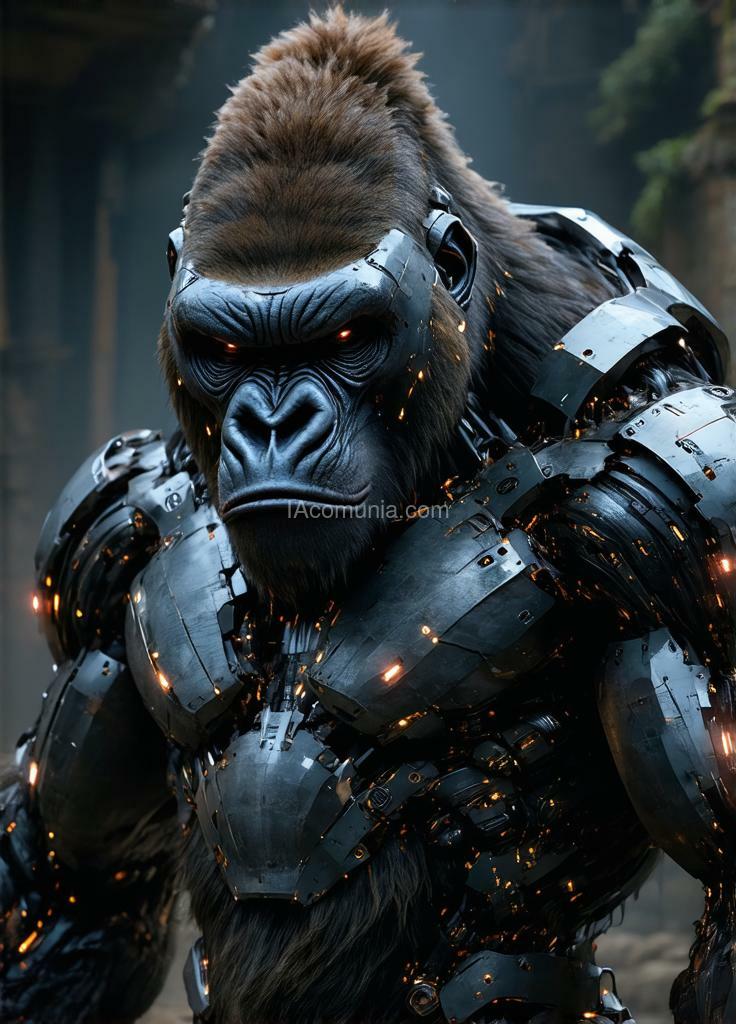 Imagen generada por IA en la comunidad IAcomuia: In this hyper-detailed photogrammetry-style portrait, a cybernetic gorilla, king kong, stares directly ahead, exuding a commanding presence through a fusion of primal strength and intricate cybernetic enhancements. his muscular frame is rendered in striking realism, each sinew and scar meticulously captured, while segments of metallic plating enhance his natural armor, giving him an indomitable aura. his chest is adorned with sleek, silver-white plating, reflecting a futuristic yet regal appearance. covering his face is a japanese-inspired cybernetic mask, its design echoing the fierce expression of a traditional oni with sharp, angular lines and high-tech modifications. the mask is crafted from alloyed metal with crimson neon accents illuminating the intricate engravings, creating a contrast between ancient symbolism and modern functionality. sensors and data interfaces are subtly embedded in the mask, allowing for tactical overlays and visual enhancements, and faint wisps of vapor occasionally release from the edges, enhancing the air of mystique. the background—a dimly lit, virtual dojo or battlefield scene—adds a haunting depth, placing the gorilla in a world where tradition and technology collide. this portrait captures the essence of an unstoppable warrior, a fusion of nature’s raw power and the sleek precision of cybernetics, his masked gaze exuding both wisdom and an intimidating strength. created by sasan.