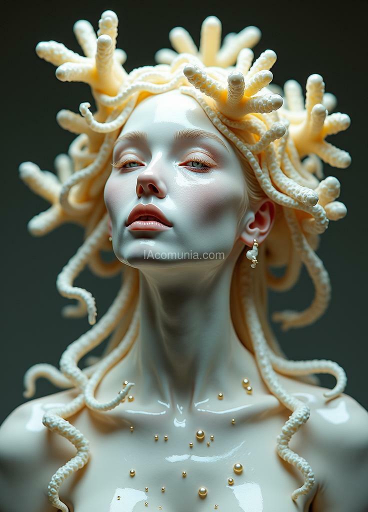 Imagen generada por IA en la comunidad IAcomuia: A woman with golden corals on her head, porcelain pale skin, topological renders, hi-fructose art magazine, artforum, some tentacles are touching her, twigs, yasuke 500 px models, wearing jewelry, bilateral symmetry, albino, 32k, covered in a viscous, translucent substance with metallic highlights, as if it were molten, organic texture, ambient lighting.