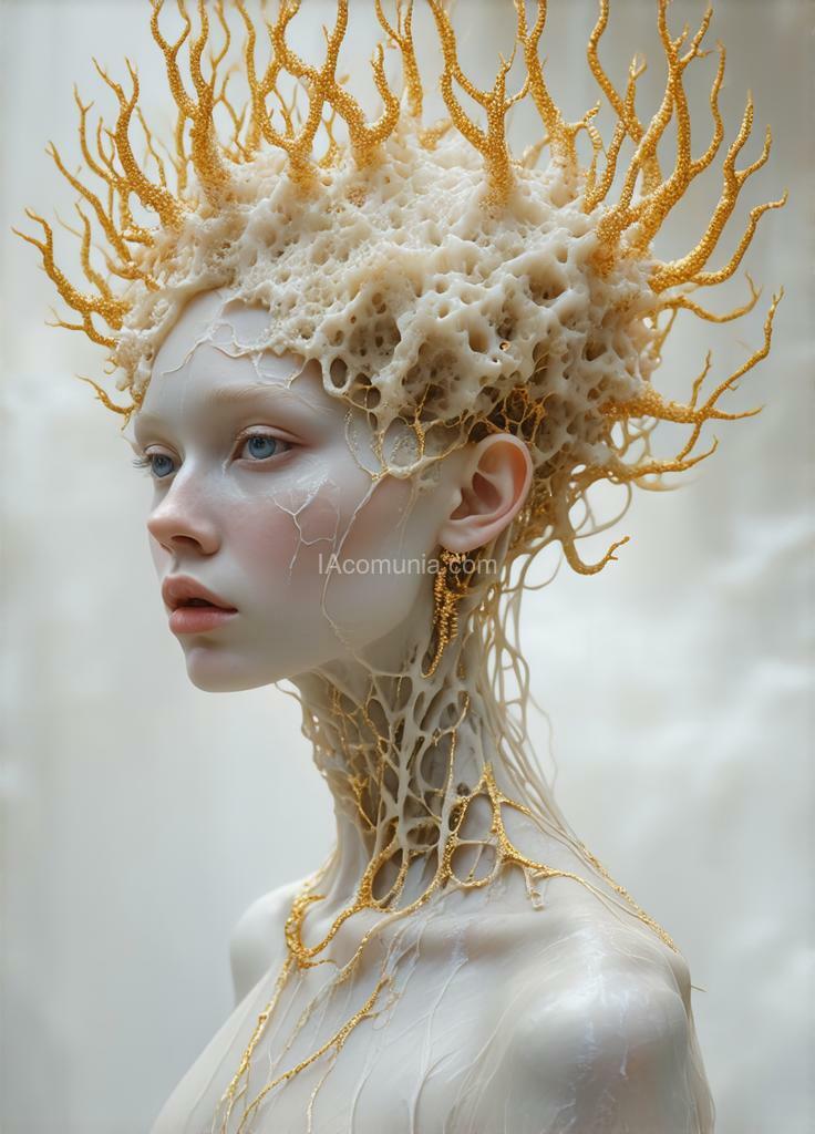 Imagen generada por IA en la comunidad IAcomuia: A woman with golden metallic corals on her head, porcelain pale skin, topological renders, hi-fructose art magazine, artforum, some tentacles are touching her, twigs, yasuke 5 0 0 px models, wearing jewellery, bilateral symmetry, albino, 32k, full body, standing from head to toe, detailed background, [full body], (full body)