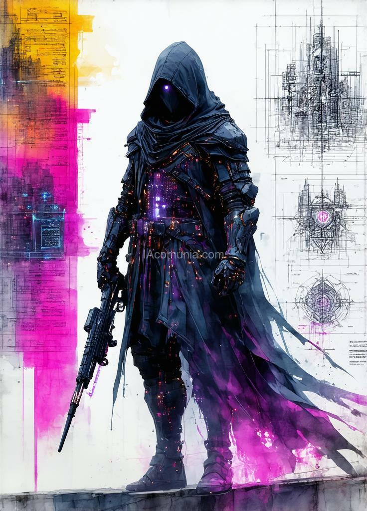 Imagen generada por IA en la comunidad IAcomuia: Conceptual design: cybernetic assassin from the brotherhood. this striking graffiti-punk digital watercolor showcases a cybernetic assassin inspired by the assassin’s creed universe, poised on a high vantage point overlooking a sprawling futuristic cityscape. the character is adorned in a sleek, dark hooded cloak interwoven with lightweight armor plating, offering both protection and agility. the cloak shimmers with subtle electronic patterns that suggest advanced technology woven into the fabric, allowing for cloaking abilities and environmental adaptability. the assassin’s face is partially obscured by a high-tech mask featuring a visor that displays digital readouts and targeting information, enhancing their precision during combat. equipped with dual hidden blades, the arms are further enhanced with retractable energy blades capable of delivering devastating strikes with a flick of the wrist. the character also wields a crossbow integrated with smart targeting systems, designed for silent, long-range eliminations. surrounding the figure are intricate technical diagrams and schematics detailing their gear, including the cloak’s cloaking mechanism and the crossbow’s targeting interface. the vibrant background showcases graffiti art that depicts the history of the brotherhood, merging the past and future in a unique artistic style. this cybernetic assassin embodies the legacy of the assassin’s creed while embracing a futuristic aesthetic, making them a formidable force against tyranny in a technologically advanced world. created by sasan